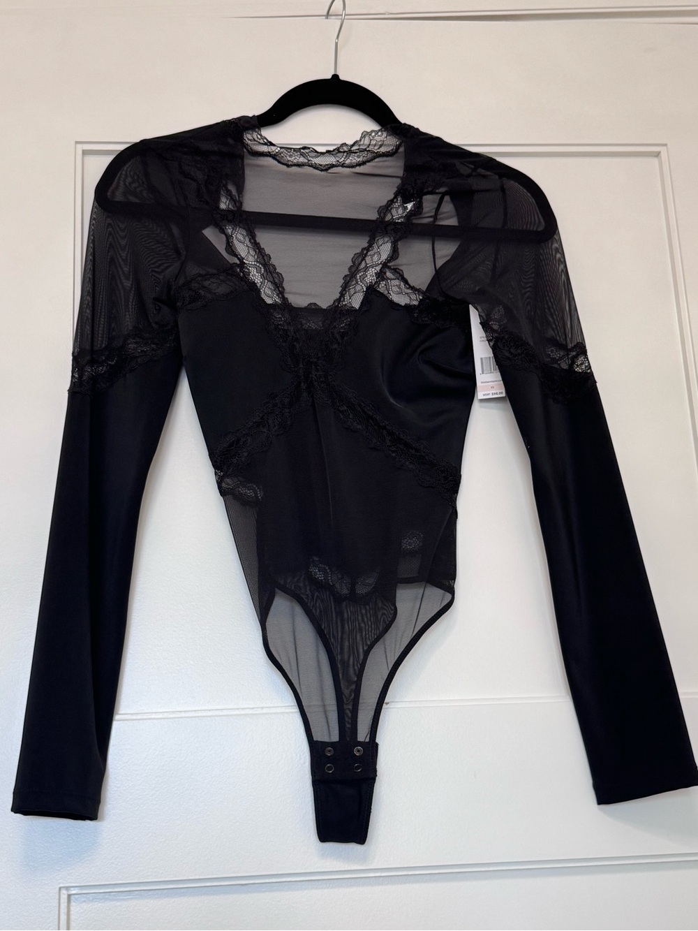 Thistle and Spire Black Lace-Trim Long-Sleeve Bodysuit
